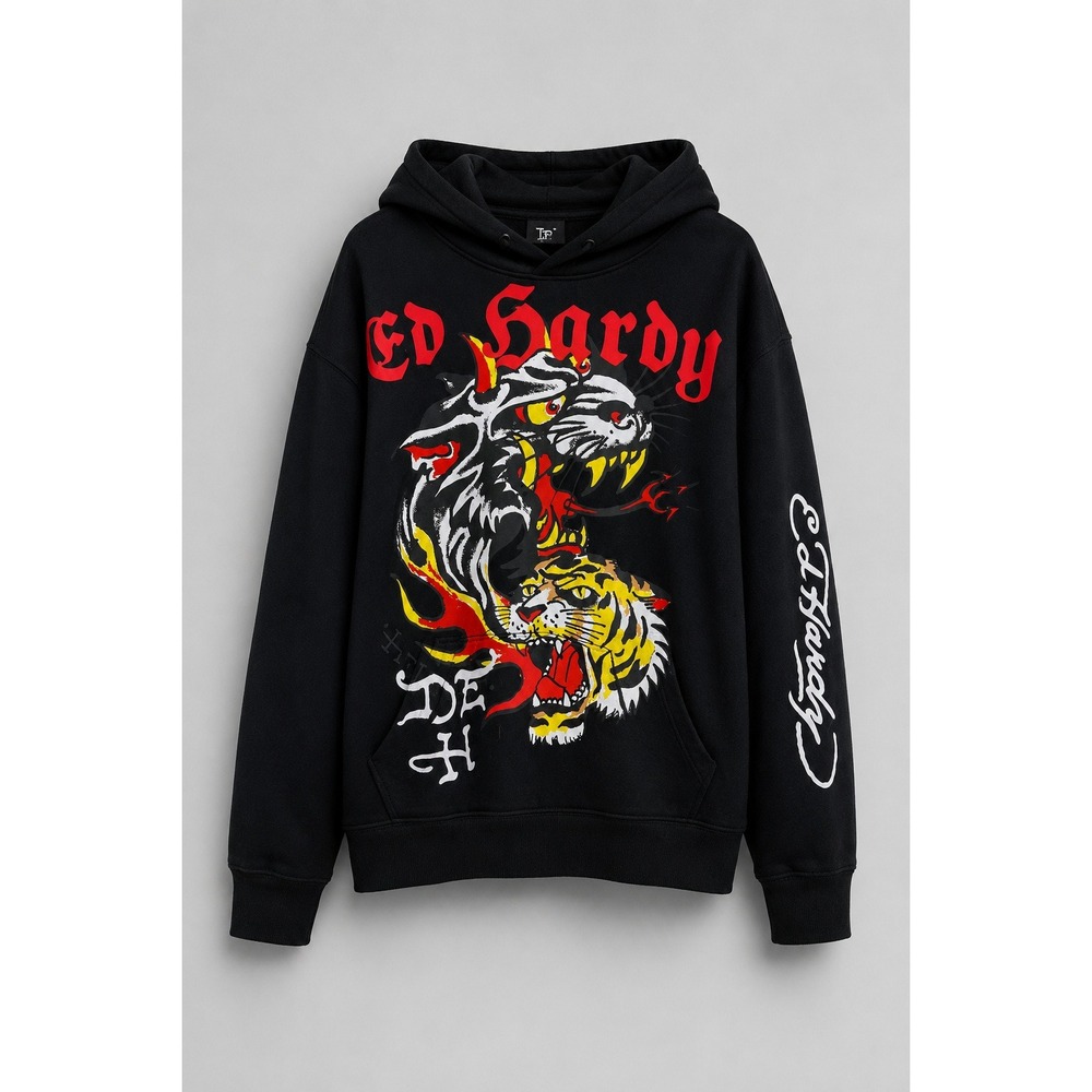 Ed Hardy Hoodie Men L Black Tiger Panther Graphic Pullover Streetwear Grunge